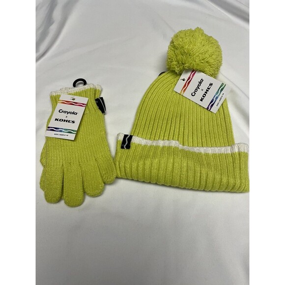 Crayola Kids Striped Pom Pom Beanie Hat & Knit Gloves Girls Size 6-14 Lime New - Picture 1 of 4